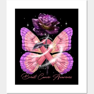 Butterfly Rose Breast Cancer Ribbon Awareness Posters and Art